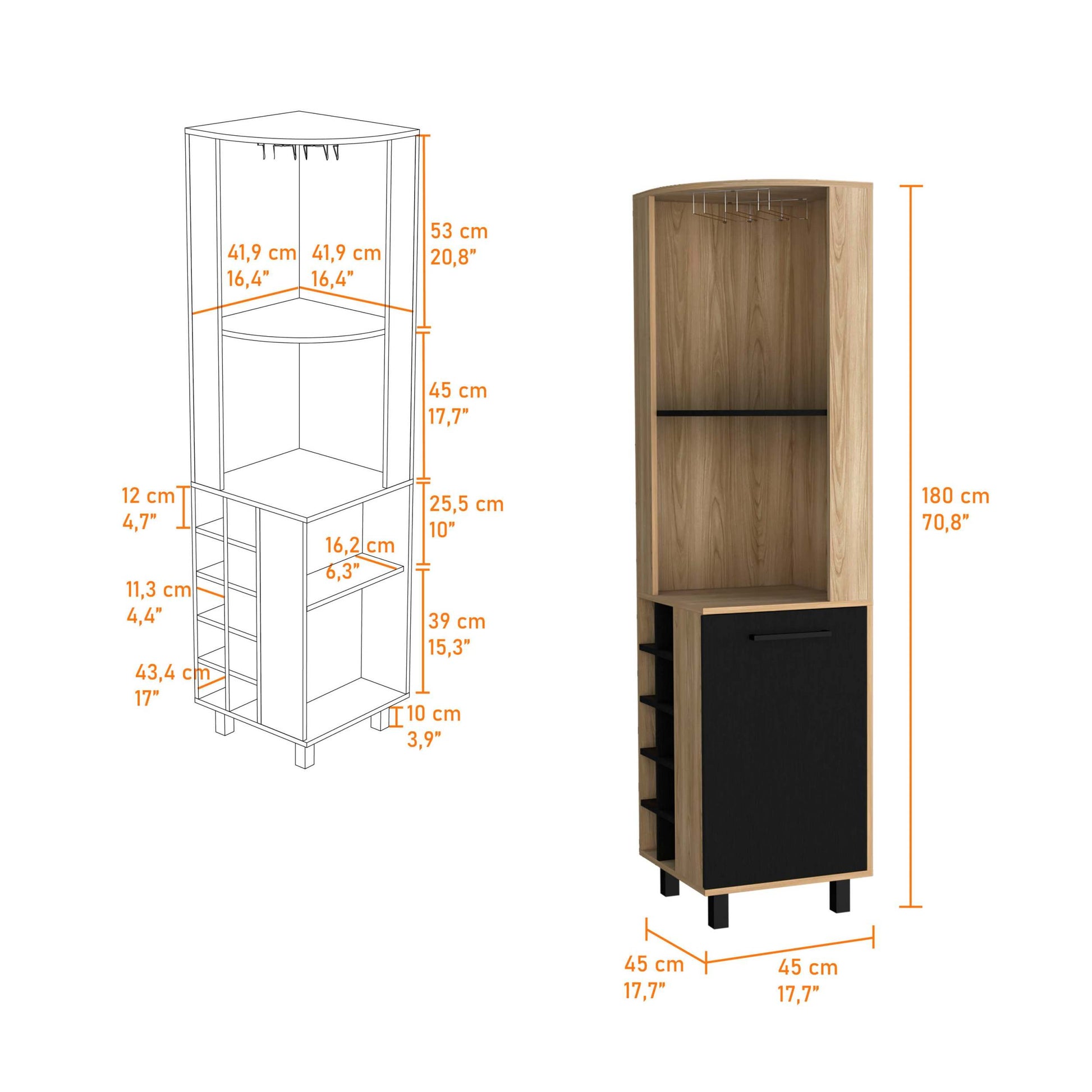 Ash 1 Door Corner Bar Cabinet Freestanding 1 2 Shelves Tan Primary Living Space Melamine