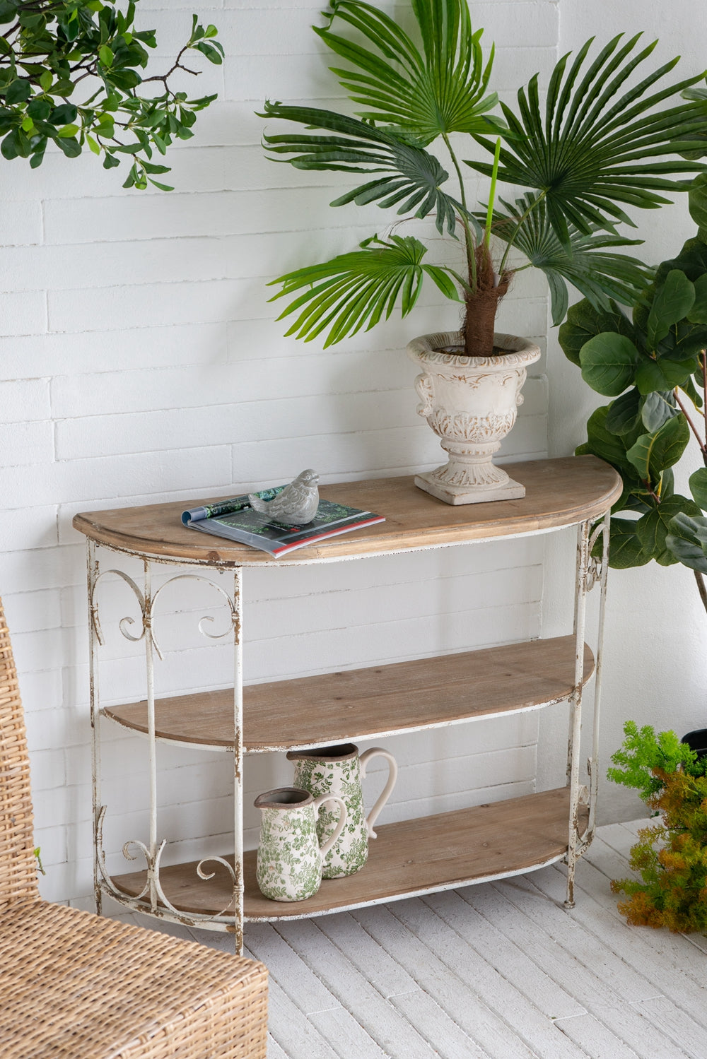 43.5X14X32" Three Tiered White Wooden Shelving Unit With Ornate Iron Frame Multicolor Antique,Boho,Farmhouse,French Country,Rustic Wood Metal
