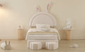 Twin Size Upholstered Rabbit Shape Bed With 2 Storage Stools, Velvet Platform Bed With Cartoon Ears Shaped Headboard, White Twin White Wood