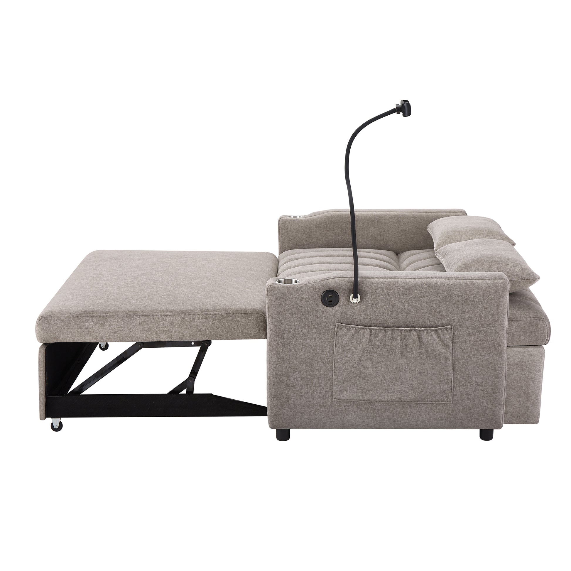 55.9" Convertible Sofa Bed Loveseat Sofa With Three Usb Ports, Two Side Pockets, Two Cup Holders And 360 Swivel Phone Holder For Living Room, Light Grey Light Grey Foam Polyester 2 Seat