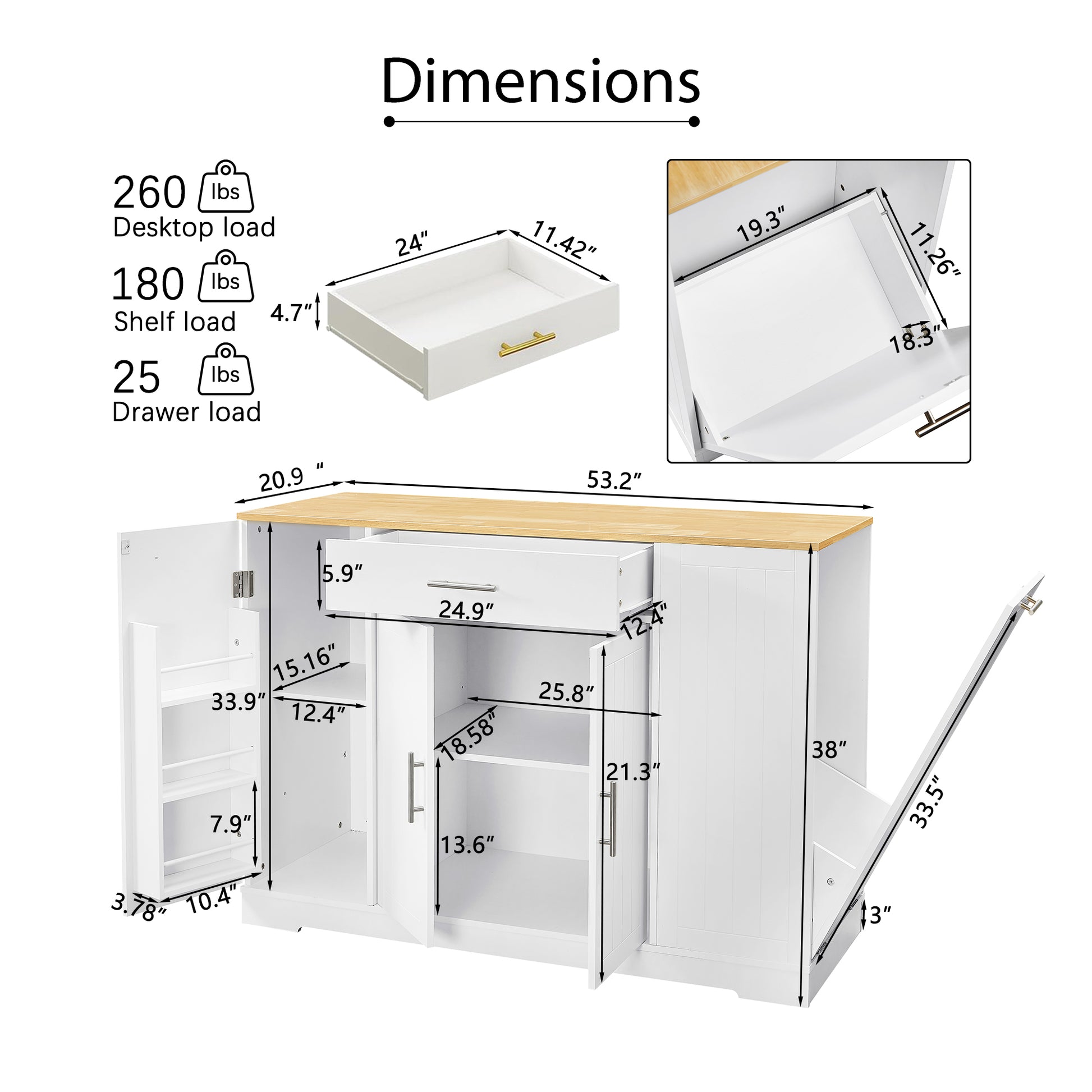 53 Inch Large Kitchen Island With Trash Can Storage Cabinet, Islands Table With Drawer And Adjustable Shelves, Breakfast Bar Cabinet For 13 Gallon Garbage Bin, White & Oak White Particle Board