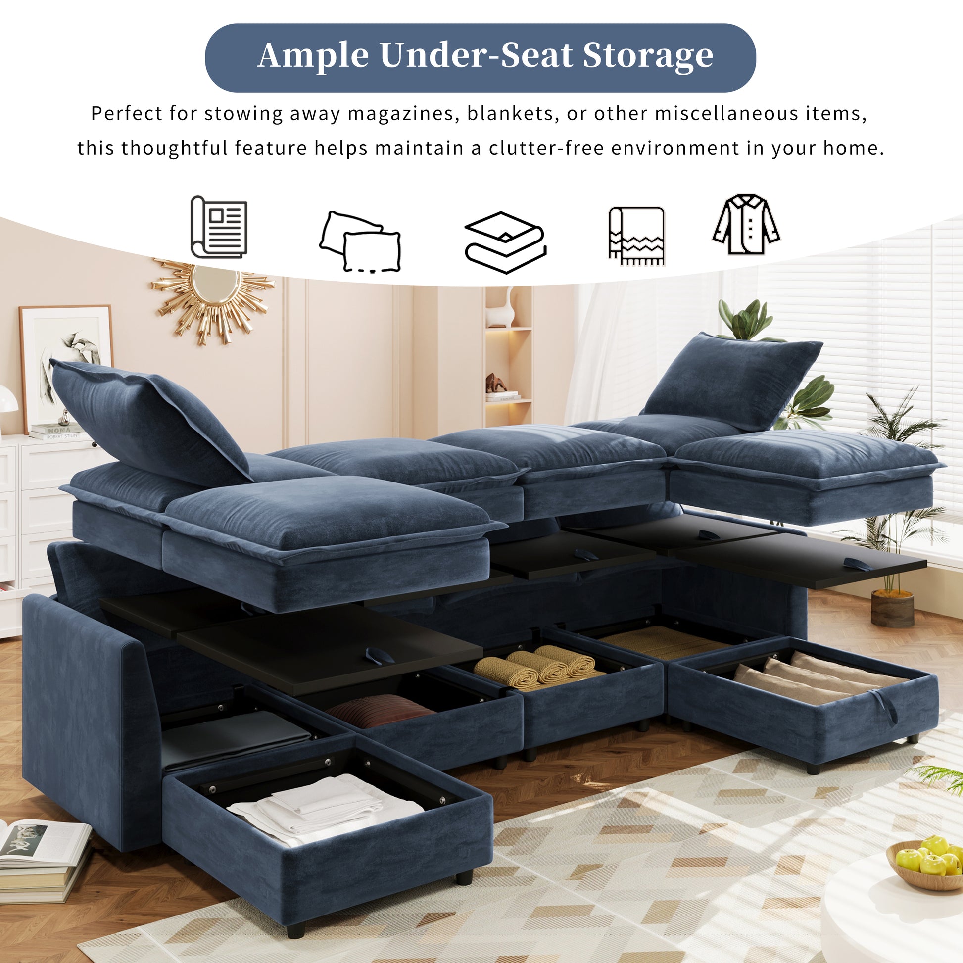 Mirod Versatile 6 Piece Modular Sofa Bed With Storage,Stylish Faux Double Layer Cushions,Comfortable & Durable Design,Perfect For Any Living Space Dark Blue Polyester 6 Seat