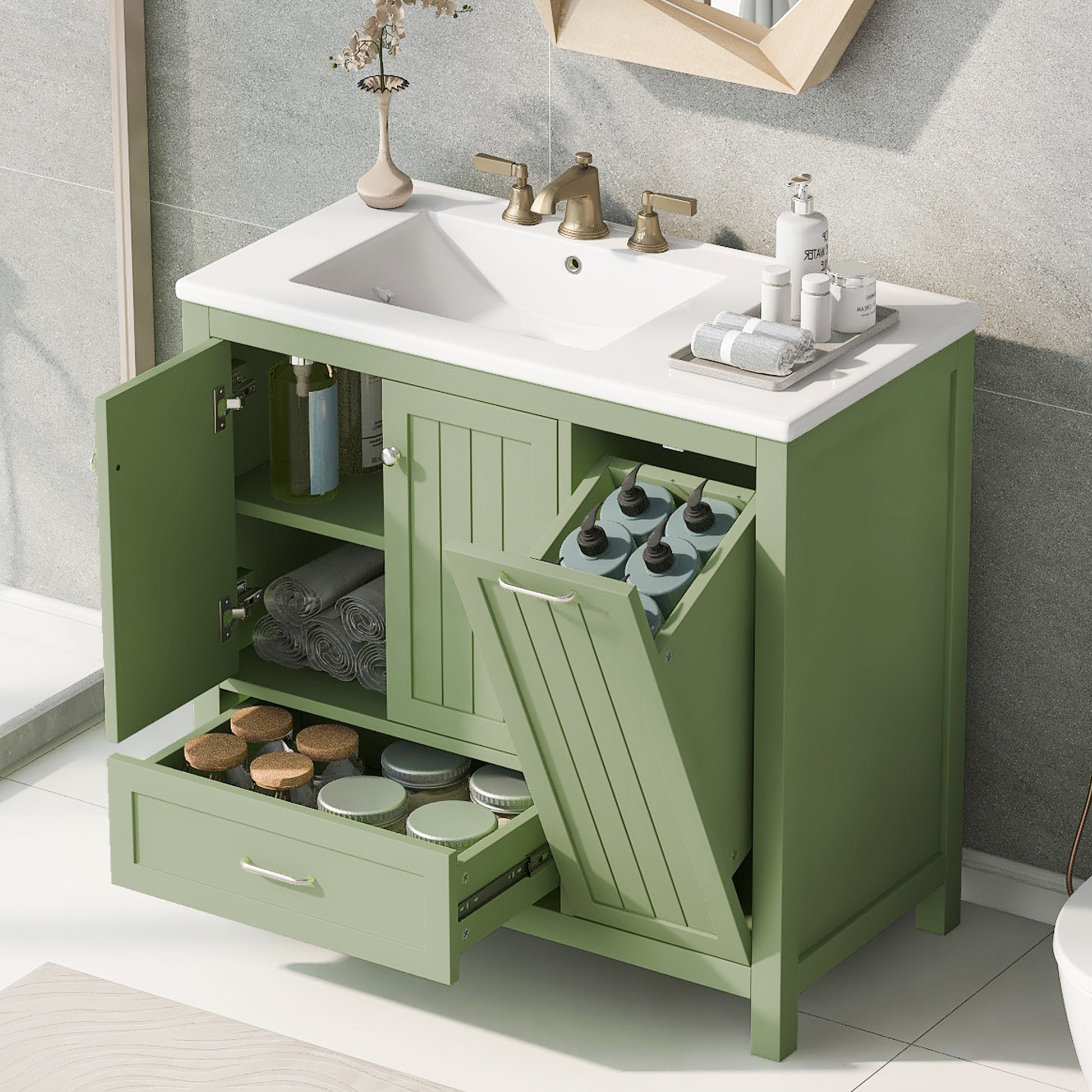 36" Bathroom Vanity With Sink, One Cabinet With Two Doors And One Big Drawer And One Flip Drawer, Solid Wood And Mdf Board, Green Green Solid Wood Mdf