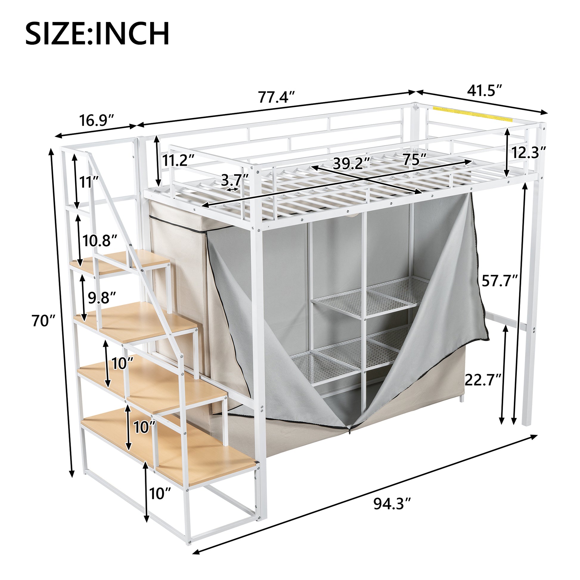 Twin Size Metal Loft Bed With Wardrobe And Storage Shelves, White Box Spring Not Required Twin White Metal Mdf Metal