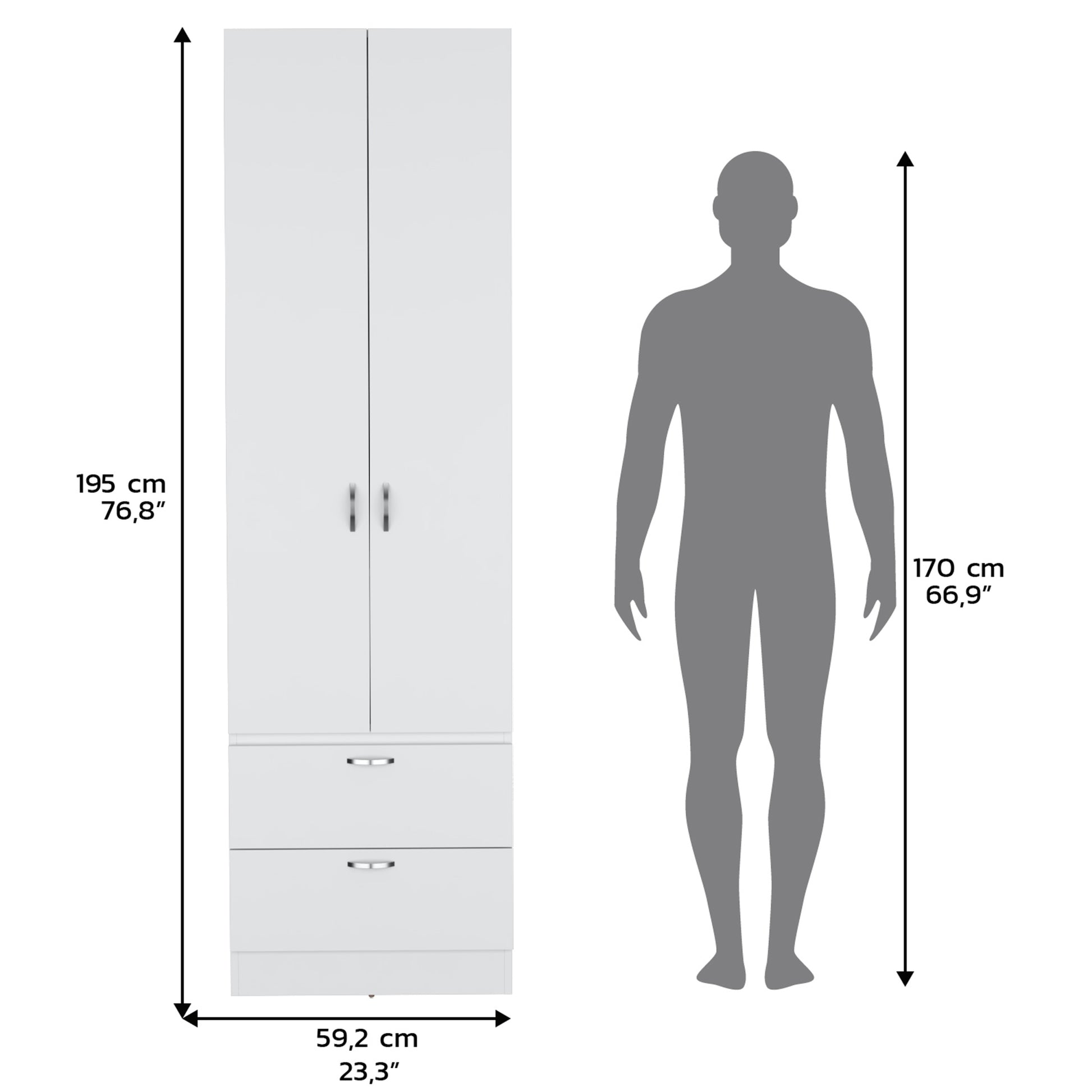 Vico Armoire Wardrove 76" H, Hanging Rod, 2 Drawers, 1 Shelf, White White Solid Wood Mdf Engineered Wood