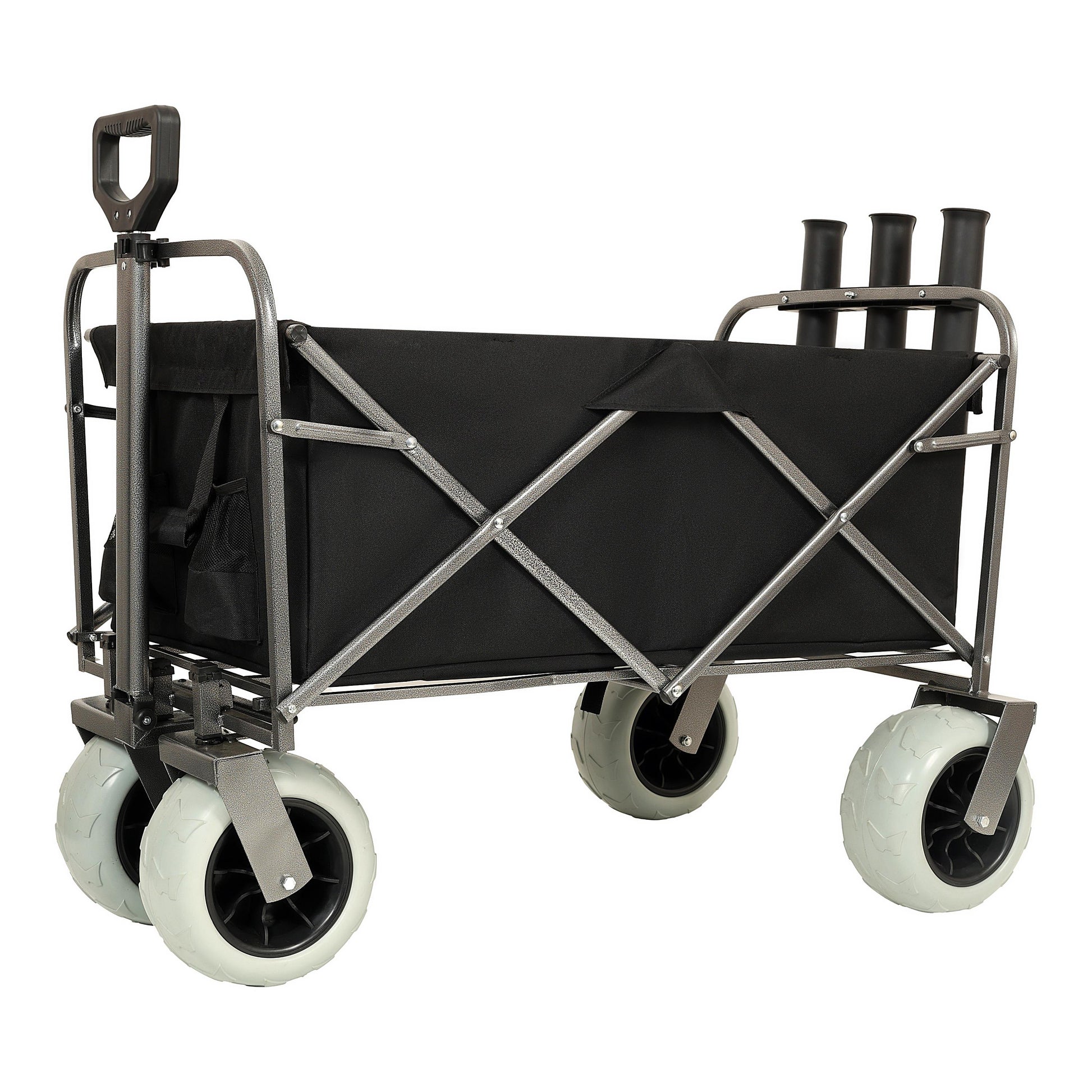 Fishing Cart With Rod Holders ,Beach Wagon With Big Wheels For Sand 500Lbs Capacity All Terrain Steel Frame Utility Cart With 9" Pneumatic Tires,Strap With Multiuse Bag ,Black Black Steel
