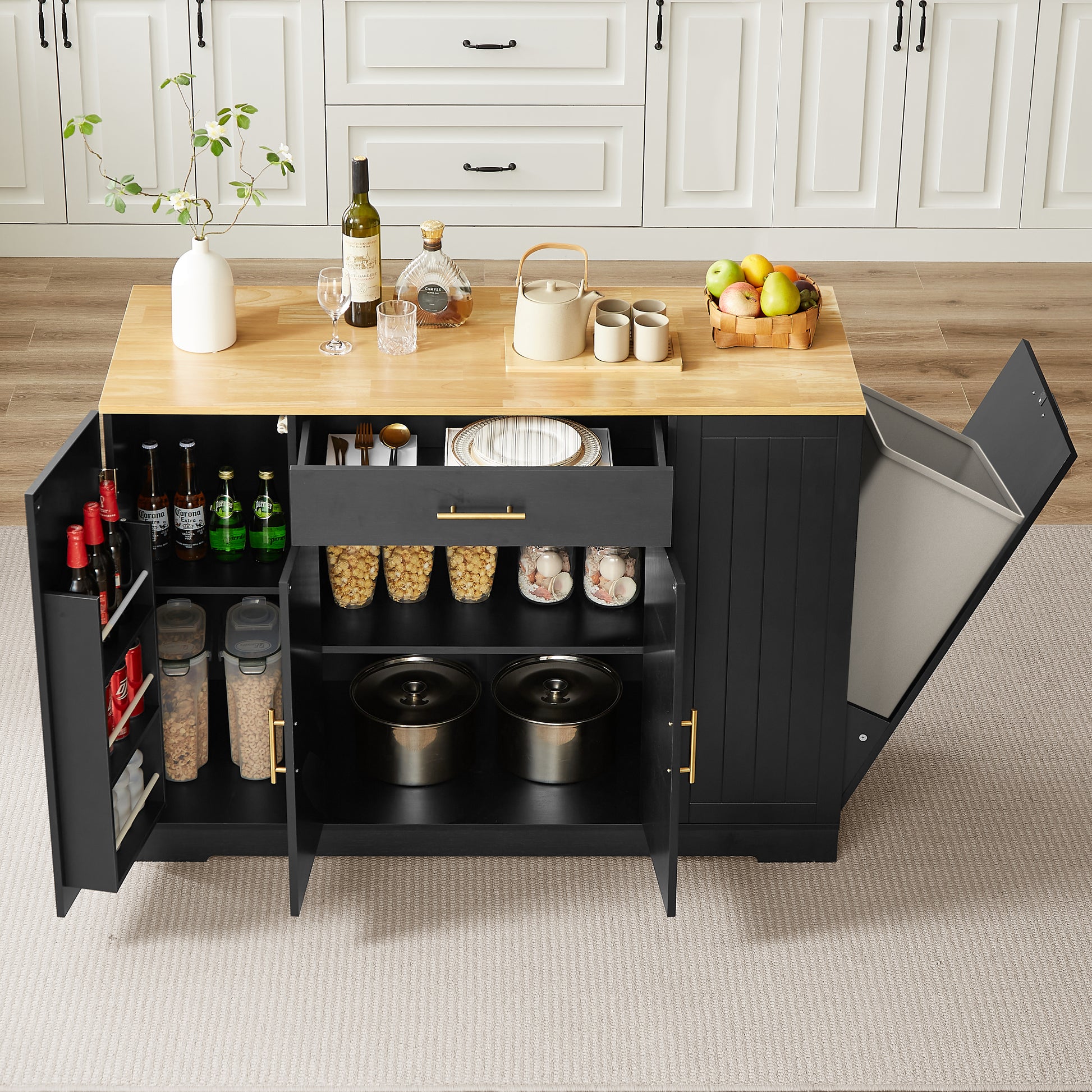 53 Inch Large Kitchen Island With Trash Can Storage Cabinet, Islands Table With Drawer And Adjustable Shelves, Breakfast Bar Cabinet For 13 Gallon Garbage Bin, Black & Oak Black Particle Board