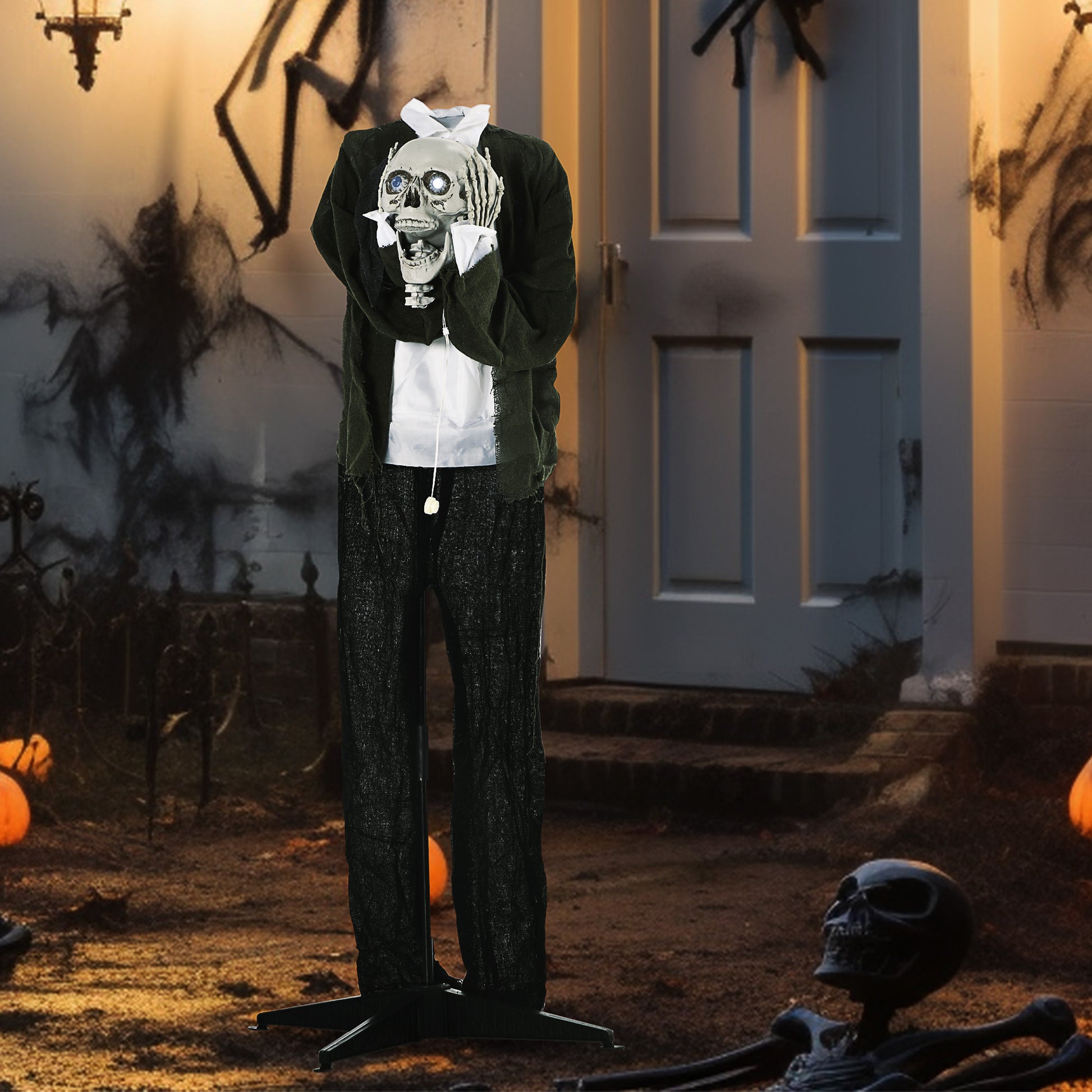 Outsunny 57" Life Size Outdoor Halloween Decorations Hanging Talking Skeleton Ghost, Animated Prop Animatronic Decor With Sound And Motion Activated, Light Up Eyes, Laughter Multicolor Cotton