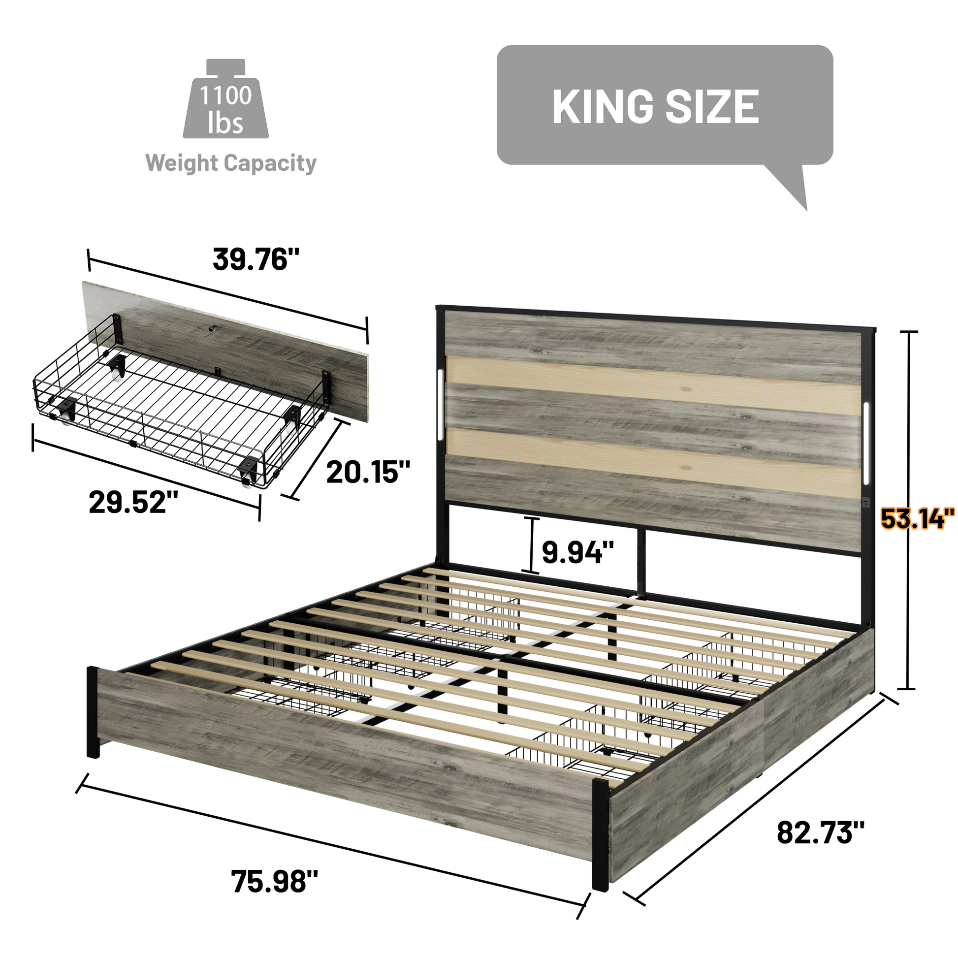 King Size Bed Frame With Headboard And 4 Storage Drawersking Bed Frame With Charging Station And Led Lights, Wood Slats, Easy Assembly,No Box Spring Needed,Industrial Gray Box Spring Not Required King Antique Gray Metal Bedroom Bed Frame Mdf Metal