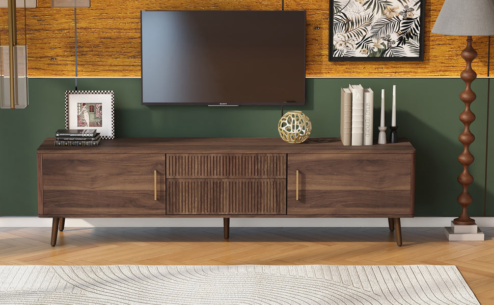Mid Century Tv Stand With 2 Drawers, Media Console Table For Tvs Up To 80'', Entertainment Center With Storage For Living Room, Bedroom, Home Theatre Walnut Primary Living Space 70 79 Inches 70 79