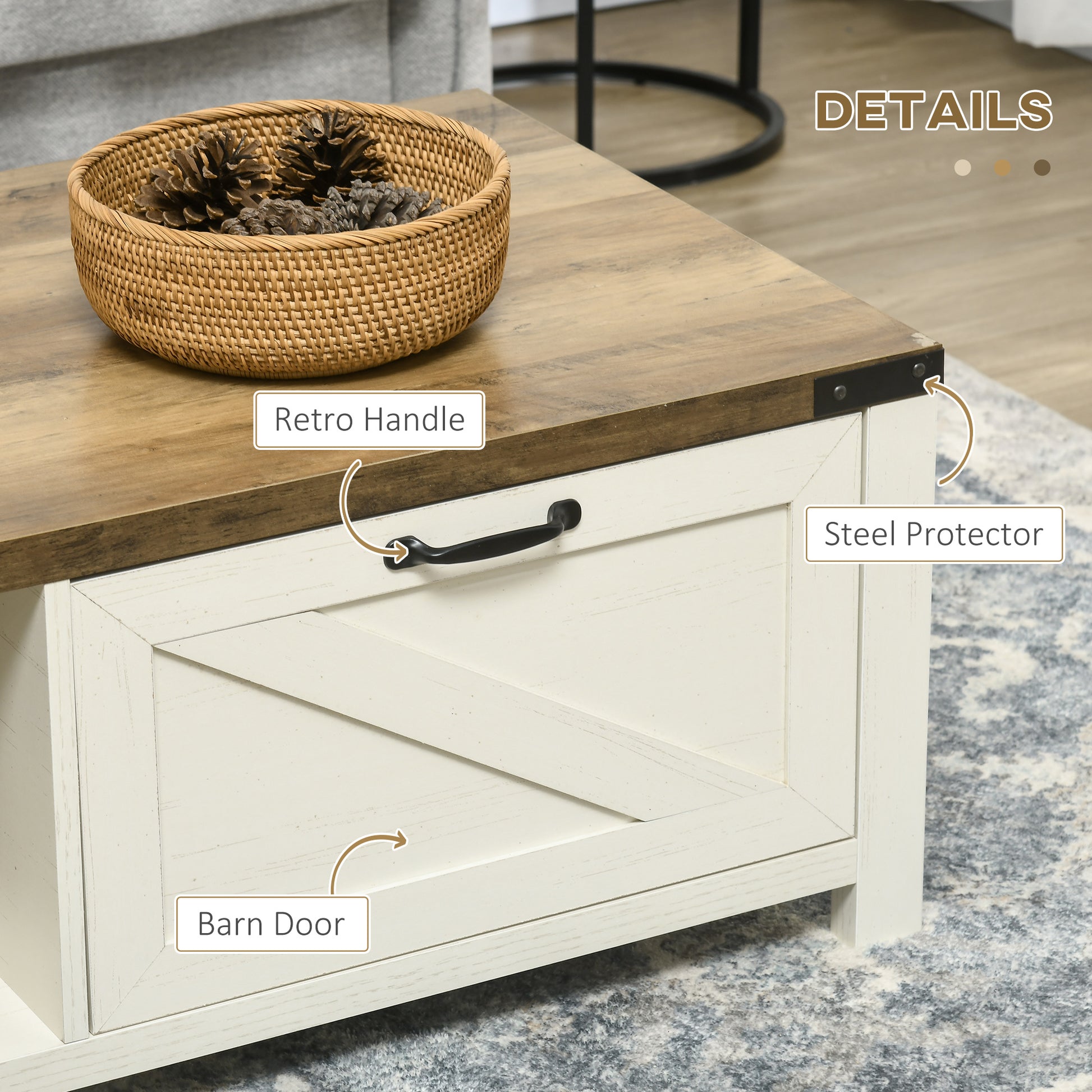Homcom Farmhouse Coffee Table With Storage And Drawer, Rustic Coffee Table For Living Room, Open Shelf, White White Deep Walnut Particle Board