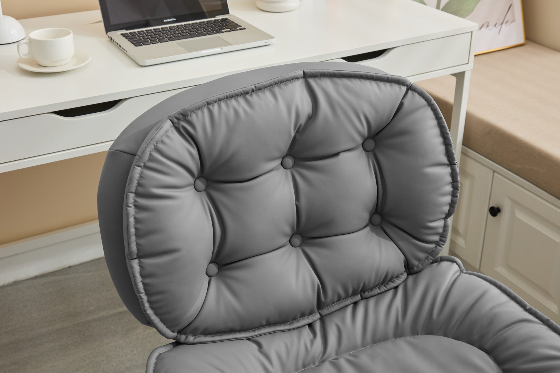 Armless Office Desk Chair With Wheels: Pu Leather Cross Legged Wide Chair,Comfortable Adjustable Swivel Computer Task Chairs For Home,Office,Make Up,Small Space,Bed Room Smoke Grey Antique Fiber Foam And Polyester Fiber Pad Pvc