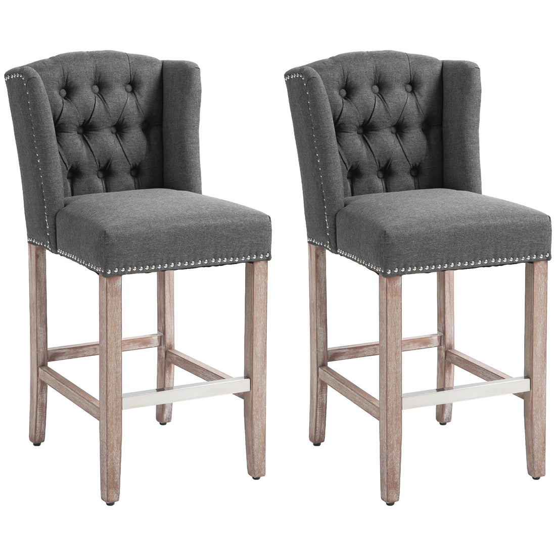 Homcom Counter Height Bar Stools Set Of 2, 27" Seat Height Upholstered Barstools, Farmhouse Kitchen Island Stools With Trim, Tufted Back And Wooden Legs, Dark Gray Dark Gray Polyester