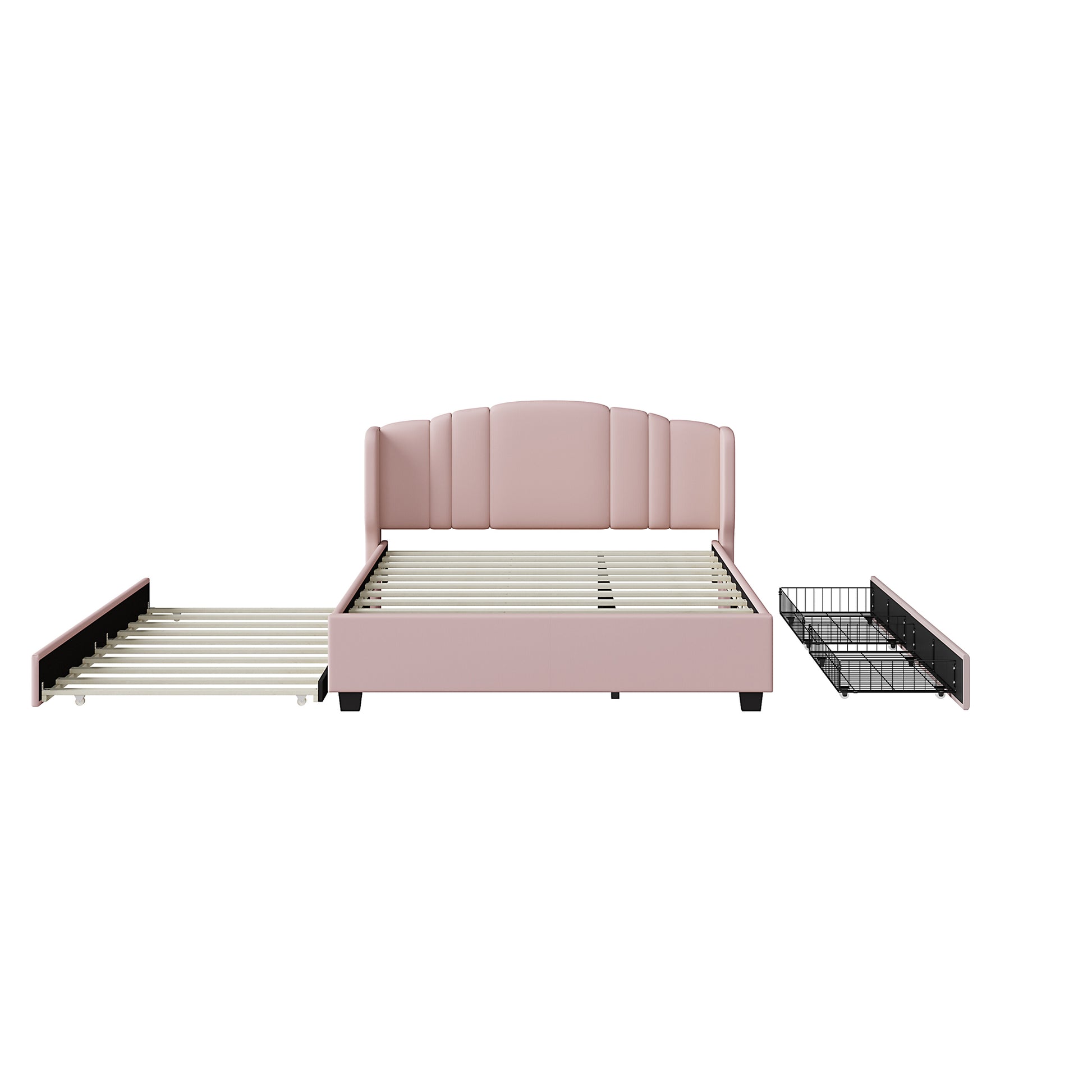 Upholstered Platform Bed With Wingback Headboard, One Twin Trundle And 2 Drawers, No Box Spring Needed, Linen Fabric, Queen Size, Pink Pink Linen