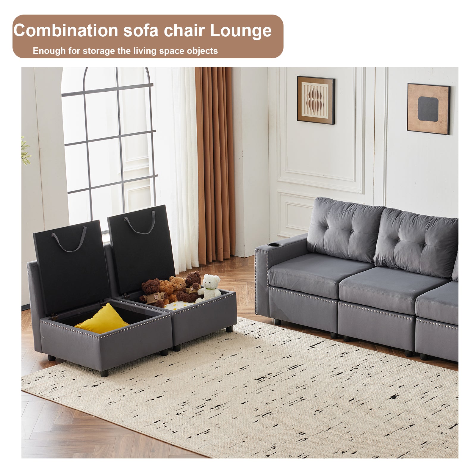 Velvet Modular Combination Sofa With Storage, Living Room Combination Sleeper Sofa Gray Gray Wood Primary Living Space Cushion Back Extra Heavy Duty Modern Foam Velvet 6 Seat