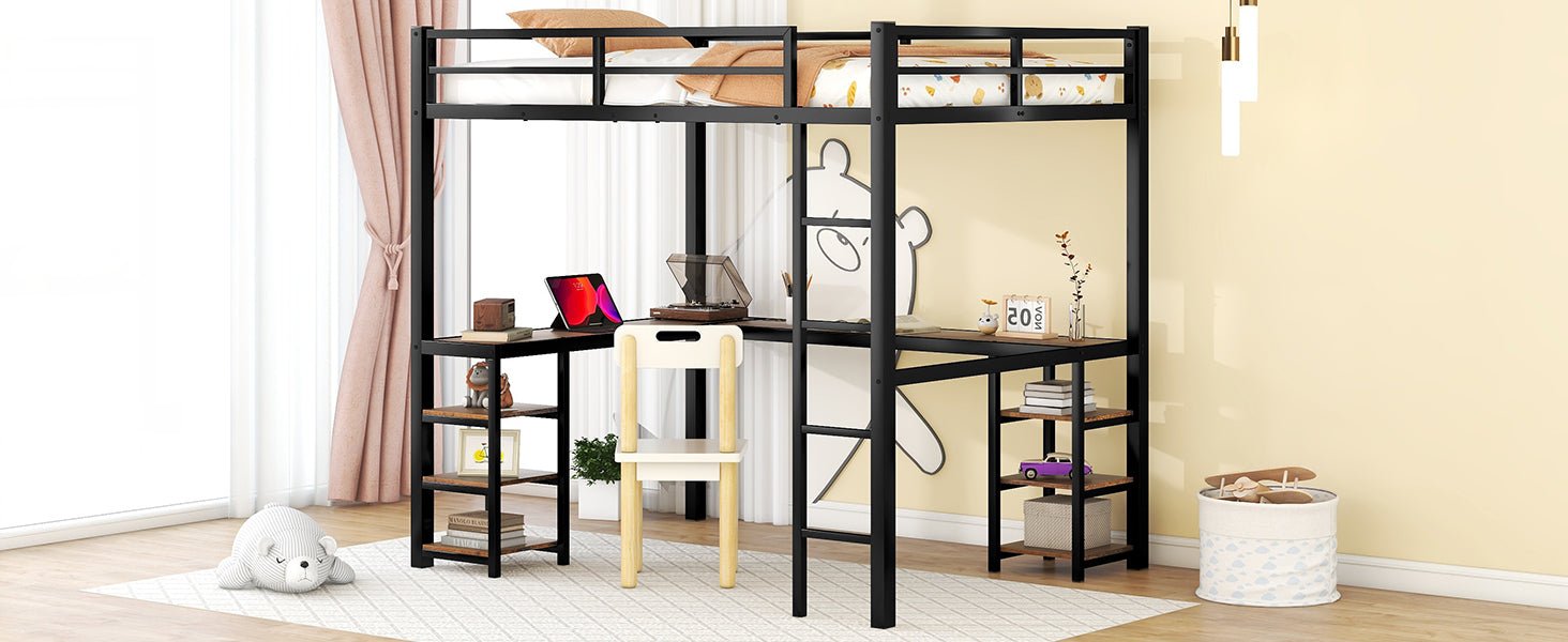 Full Metal Loft Bed With Desk And Shelves, Loft Bed With Ladder And Guardrails, Loft Bed Frame For Bedroom, Black With Vintage Wood Colored Desk Old Sku: W1307S00022 Full Black Metal