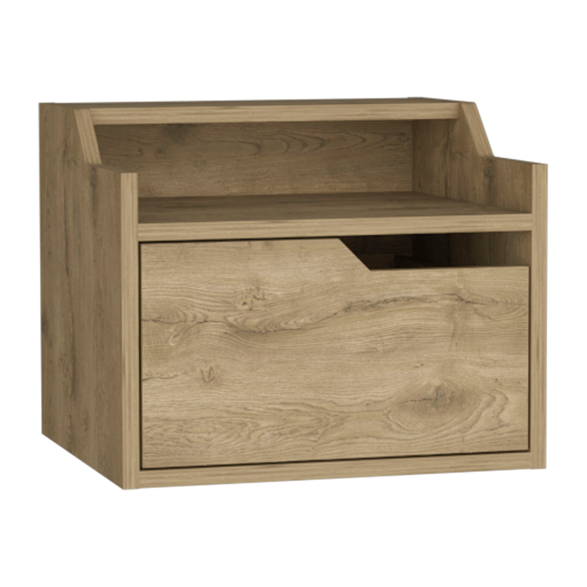 Winchester Floating Nightstand, Modern Dual Tier Design With Spacious Single Drawer Storage, Macadamia Brown Solid Wood Mdf Engineered Wood