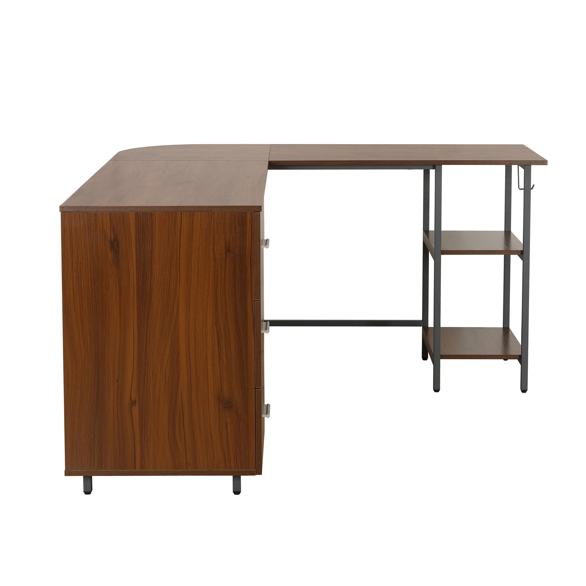 Techni Mobili L Shape Home Office Two Tone Desk With Storage, Walnut Walnut Computer Desk Office Modern L Shape Computer Tables Rectangular Engineered Wood