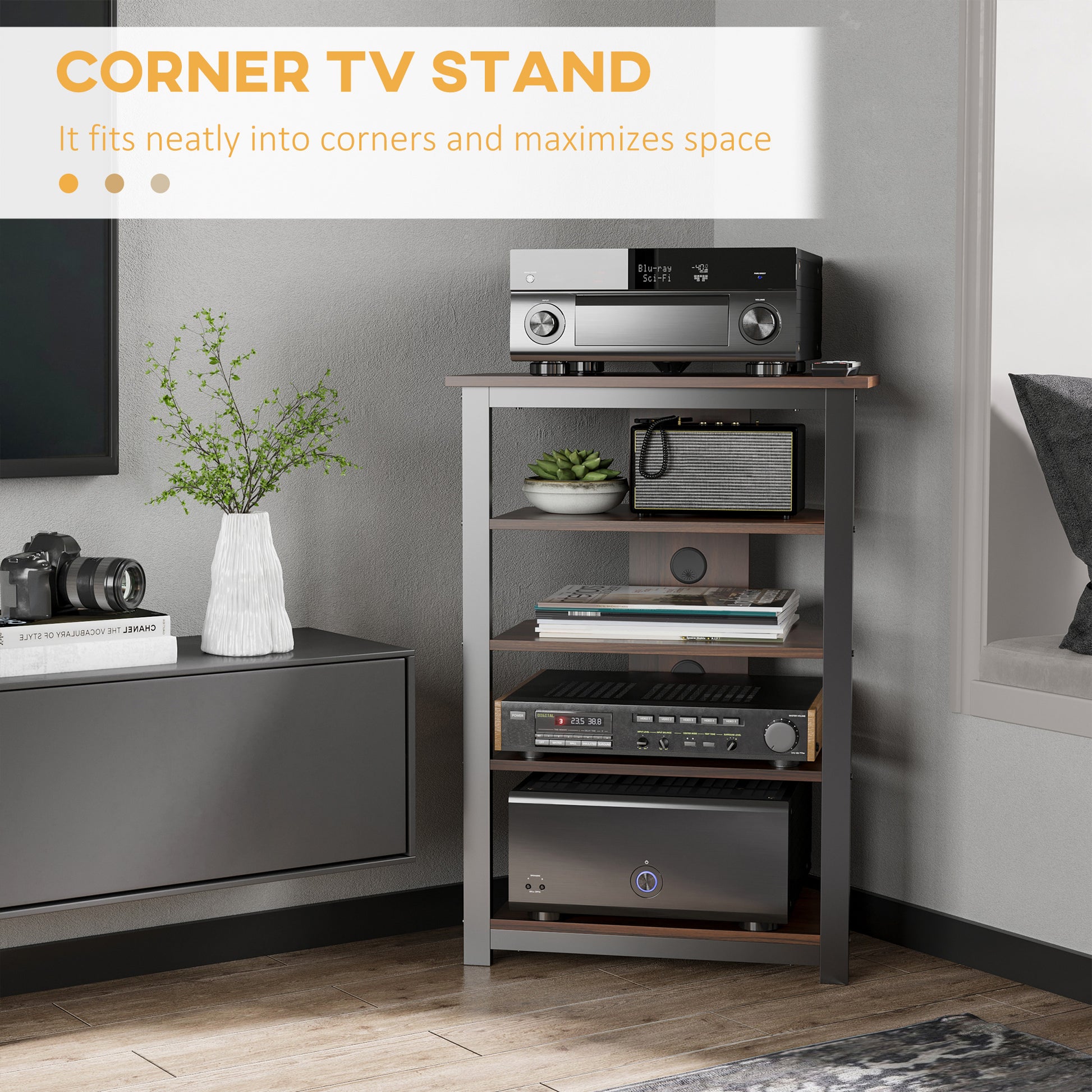 Homcom Tv Stand, Av Media Stand, Corner Audio Tower With Storage Shelves And Steel Frame, Living Room Storage, Brown Brown 50 59 Inches Particle Board