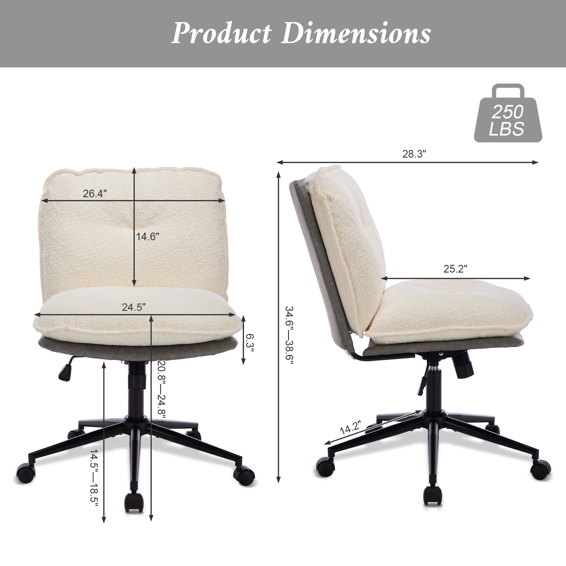 Oversize Seat Cirss Cross Chair With Wheels, Elegant Design Computer Chair, Adjustable Height 360 Rolling Swivel Home Office Chair For Small Space, Dressing Room, Living Room Gray White Dark Gray White Primary Living Space Casual Foam Pu Leather
