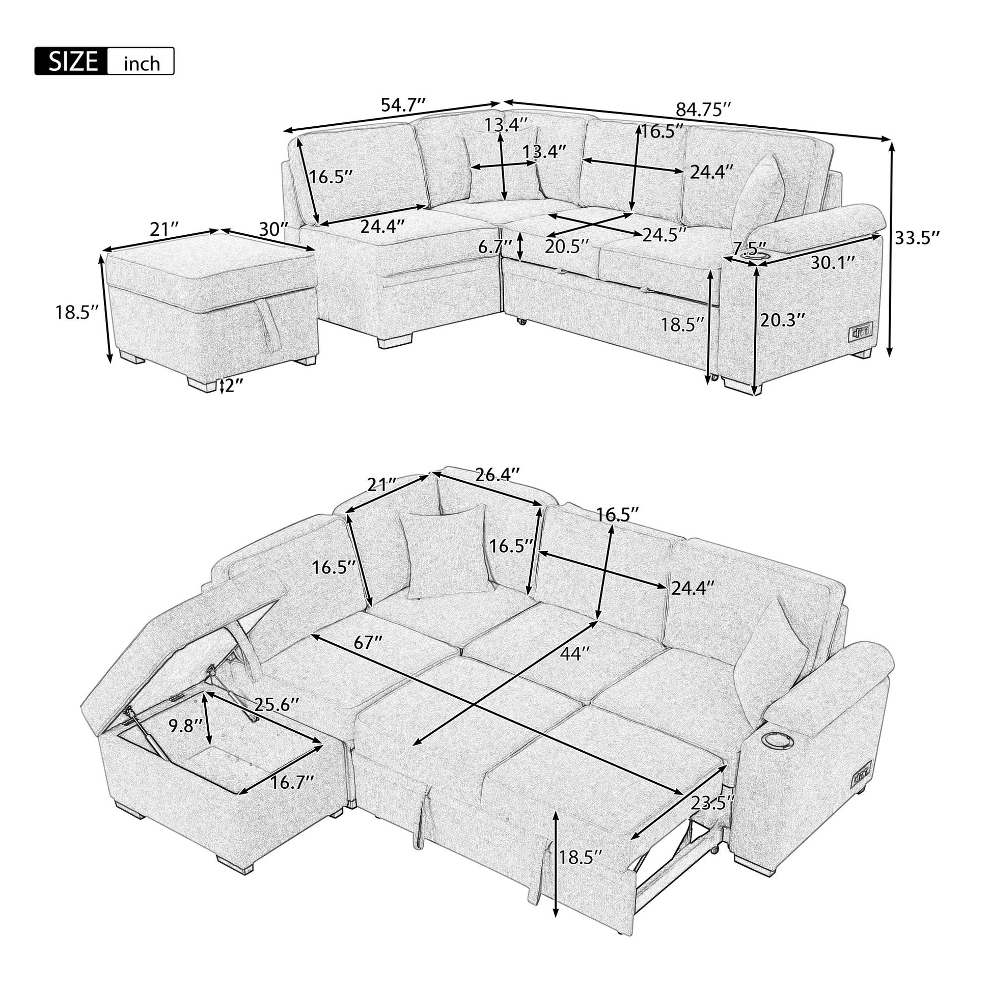 84.75" Sleeper Sofa Bed,2 In 1 Pull Out Sofa Bed L Shape Couch With Storage Ottoman For Living Room,Bedroom Couch And Small Apartment, Black Black Foam Velvet 4 Seat