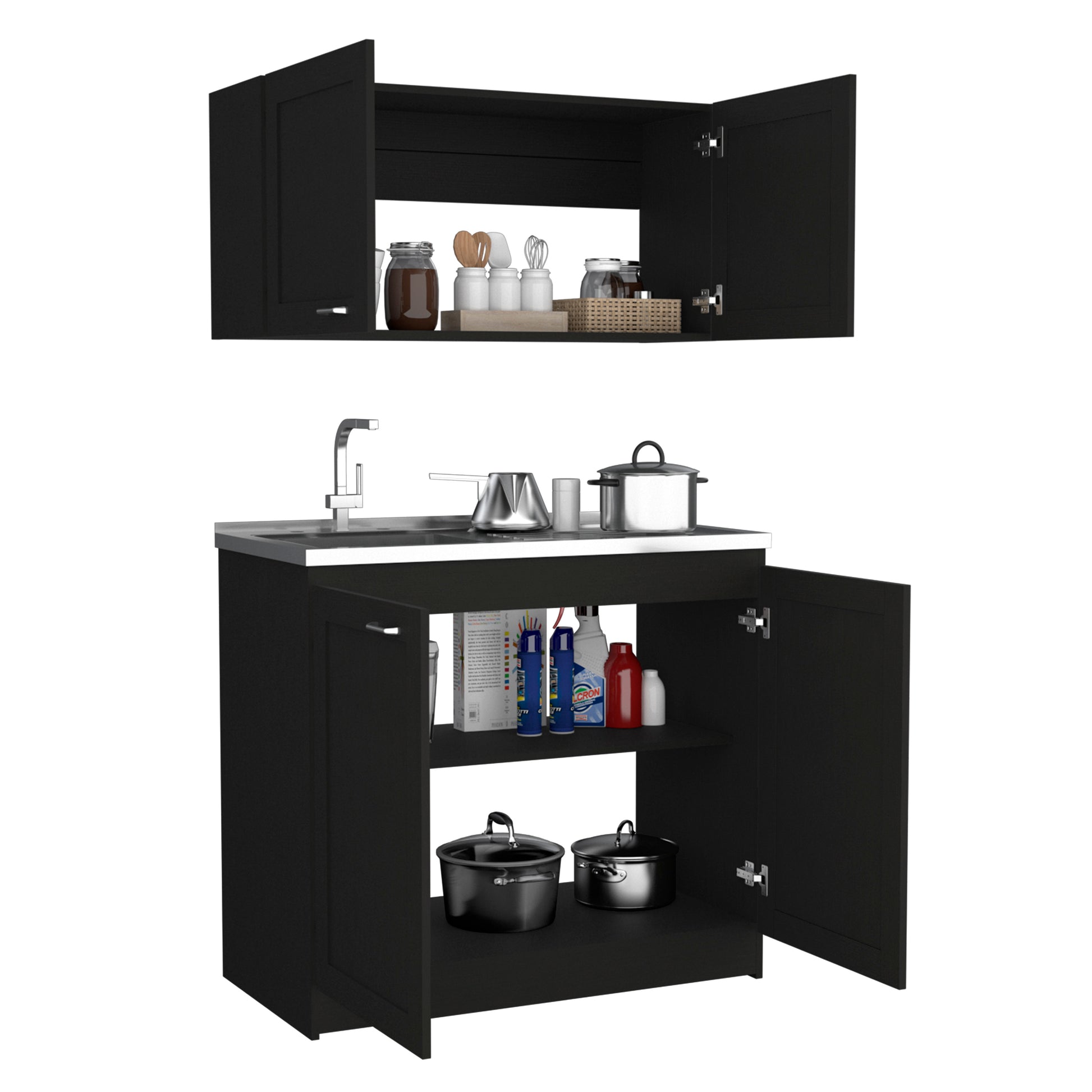 Cabinet, Two Parts Set, Black Black Solid Wood Mdf Engineered Wood