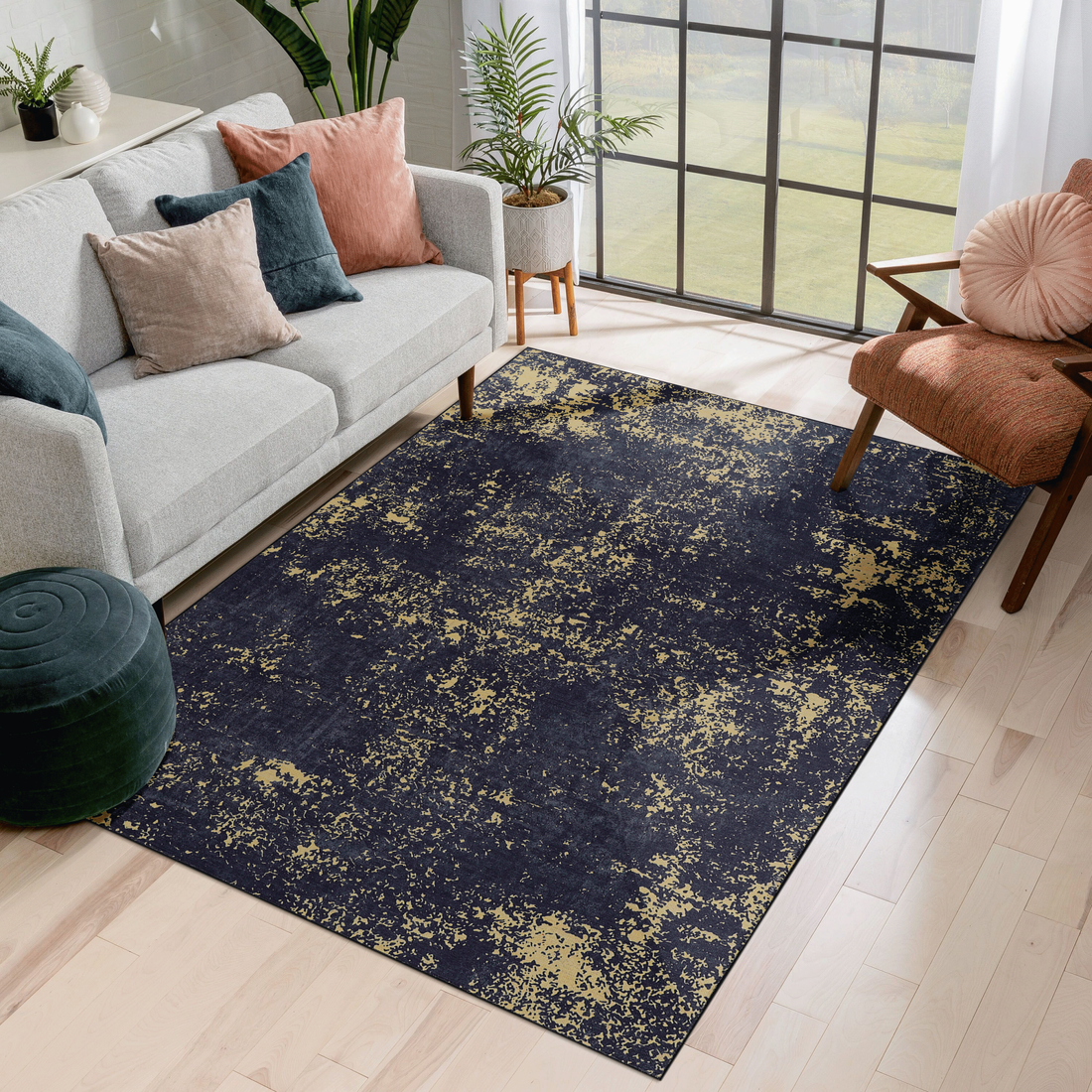 6X9 Area Rugs, Washable Rug, Low Pile, Non Slip, Non Shedding, Foldable, Kid & Pet Friendly Area Rugs For Living Room, Bedroom, Kitchen, Dining Room Rug Perfect Gifts, Black Gold, 6' X 9' Black Gold Chenille Polyester