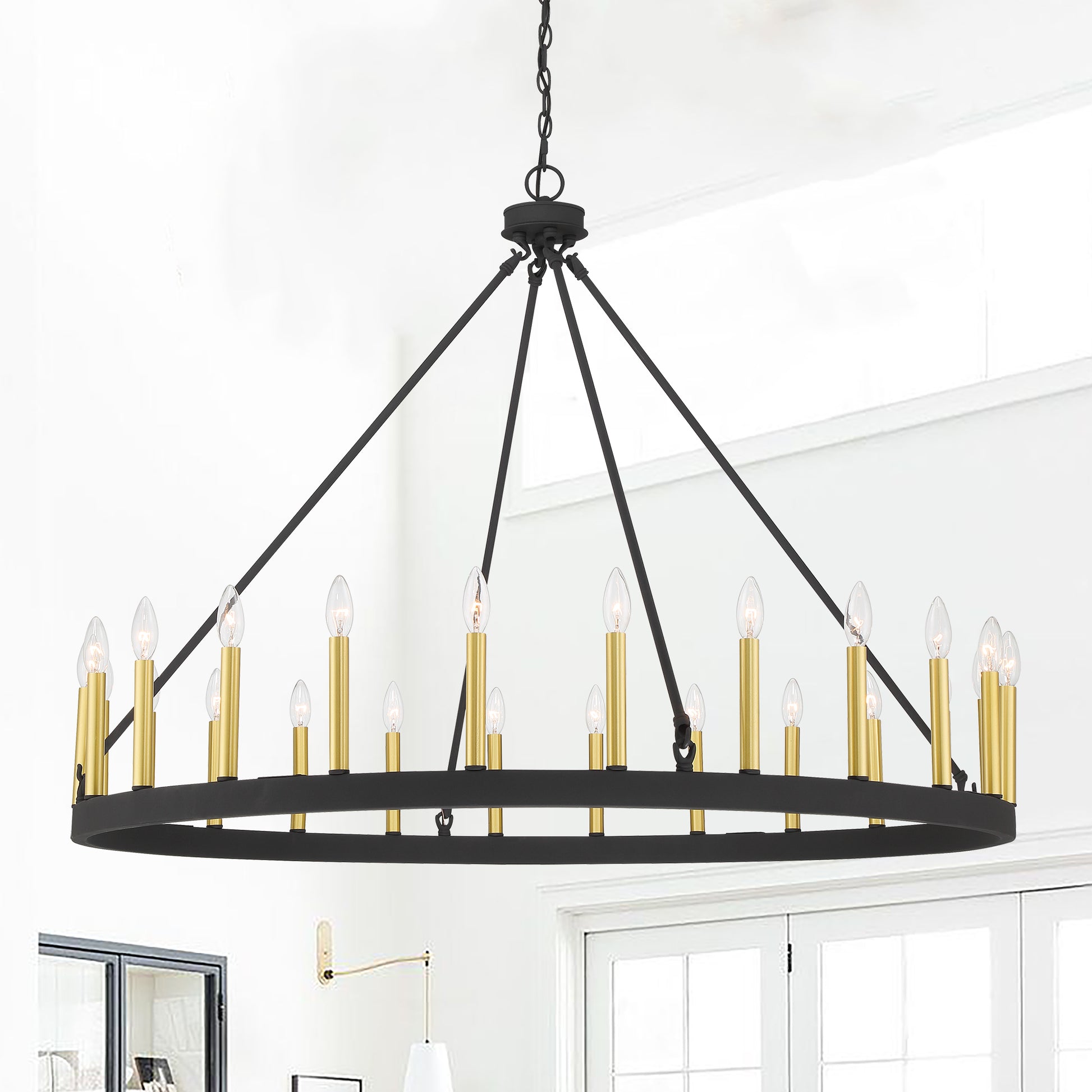 24 Light Steel Dimmable Candle Style Wagon Wheel Chandelier Ul Certified Antique Brass Black Ceiling Lights Steel Metal