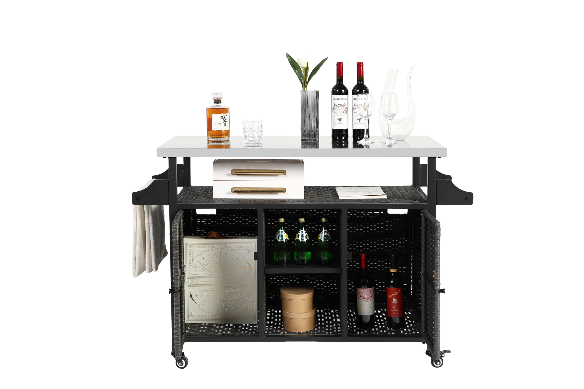 Large Bar Cart,Outdoor Kitchen Wicker Island Rolling Cart & Storage Cabinet, Wheels And Stainless Steel Extended Table Top, Side Handle For Patio Kitchen Or Bar Cart, Grey No Grey Garden & Outdoor