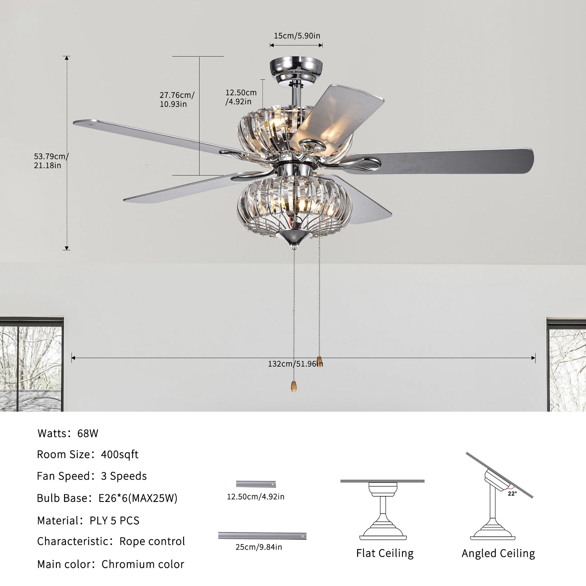 52 Inch Crystal Chandelier Fan Dual Finish Reversible Blades,Dual Shade Fandelier For Living Room, Dining Room, Bedroom, Family Room, Chrome Hand Pull Chain Chrome American Traditional,Antique,Classic,Contemporary Crystal Metal