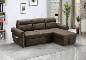 Hugo 96" Brown Reversible Sleeper Sectional Sofa Chaise With Usb Charger Brown Microfiber