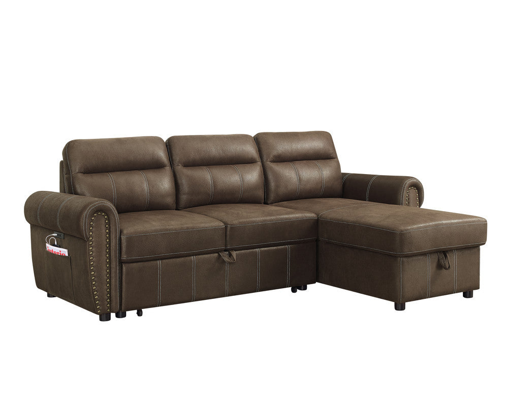 Hugo 96" Brown Reversible Sleeper Sectional Sofa Chaise With Usb Charger Brown Microfiber