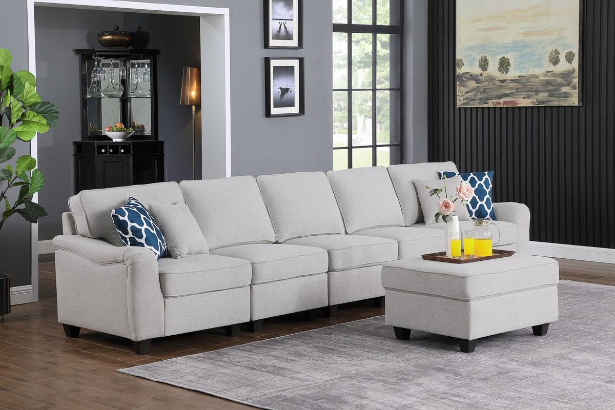 Leo 145" Light Gray Linen 6 Seater Sofa And Ottoman Light Gray Linen