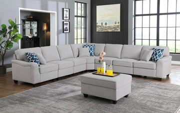 Leo 125" Light Gray Linen 8Pc Modular L Shape Sectional Sofa And Ottoman Light Gray Linen