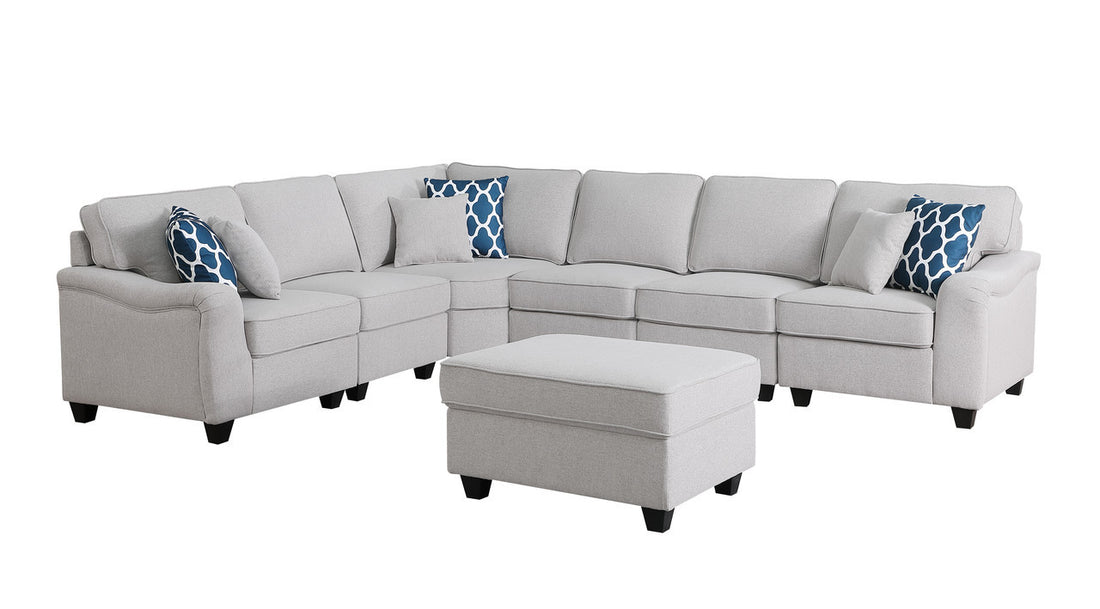 Leo 125" Light Gray Linen 7Pc Modular L Shape Sectional Sofa And Ottoman Light Gray Linen