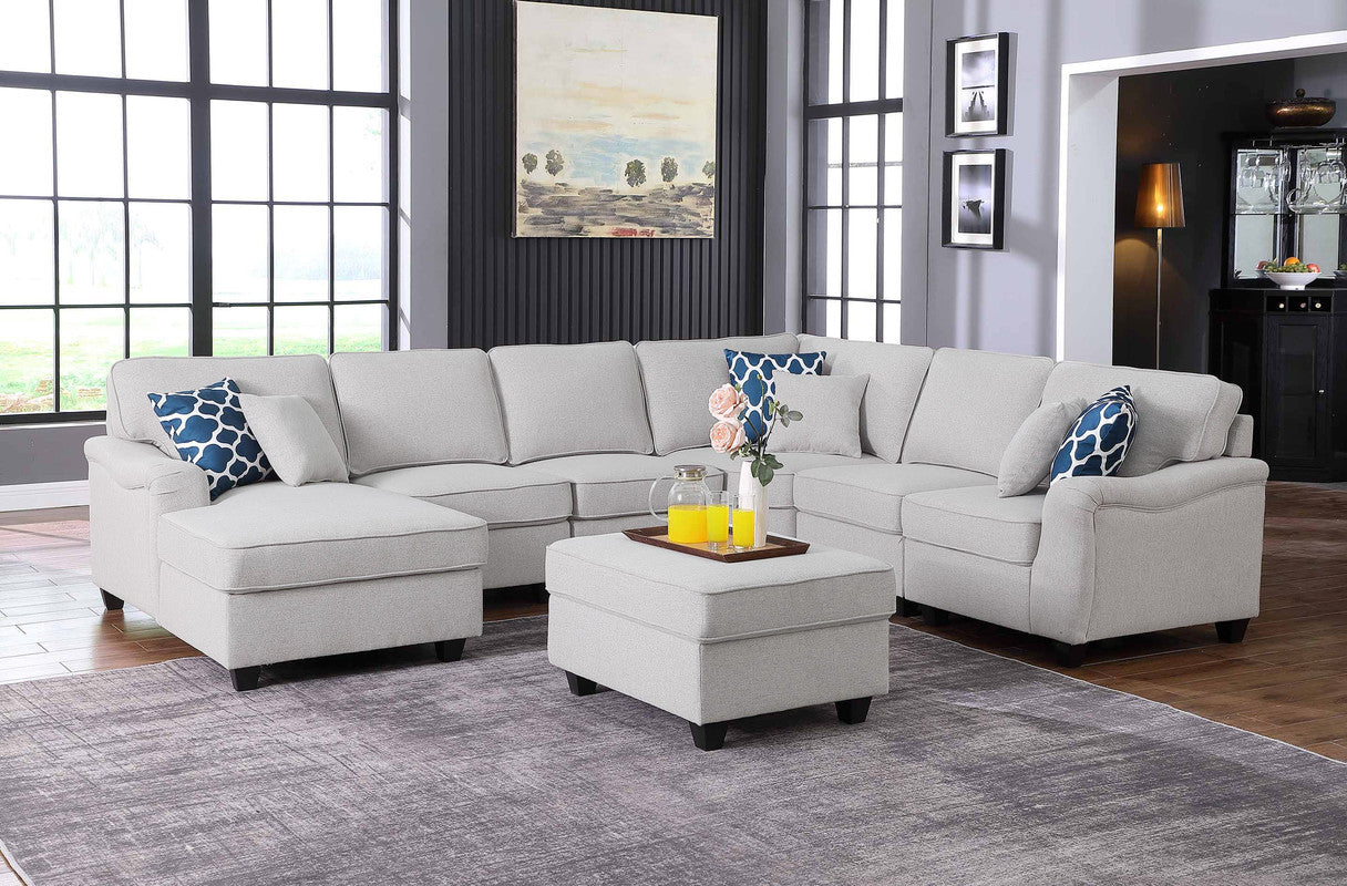 Leo 125" Light Gray Linen 7Pc Modular L Shape Sectional Sofa Chaise And Ottoman Light Gray Linen