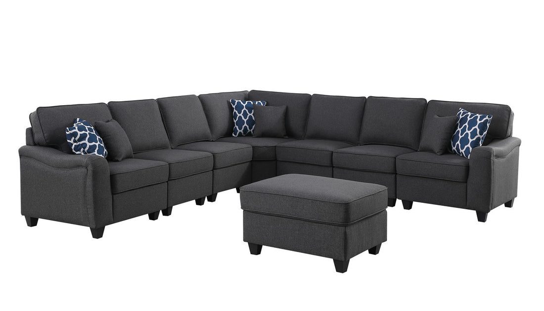 Leo 125" Dark Gray Linen 8Pc Modular L Shape Sectional Sofa And Ottoman Dark Gray Linen