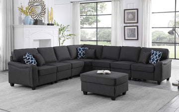 Leo 125" Dark Gray Linen 8Pc Modular L Shape Sectional Sofa And Ottoman Dark Gray Linen