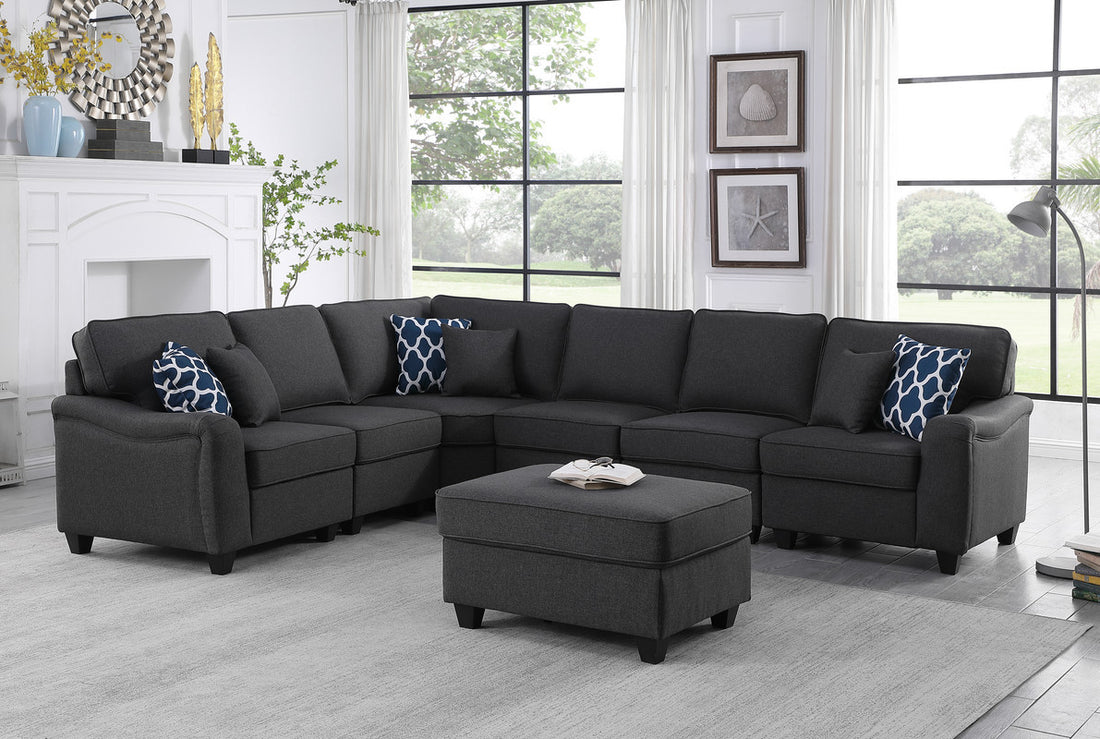 Leo 125" Dark Gray Linen 7Pc Modular L Shape Sectional Sofa And Ottoman Dark Gray Linen