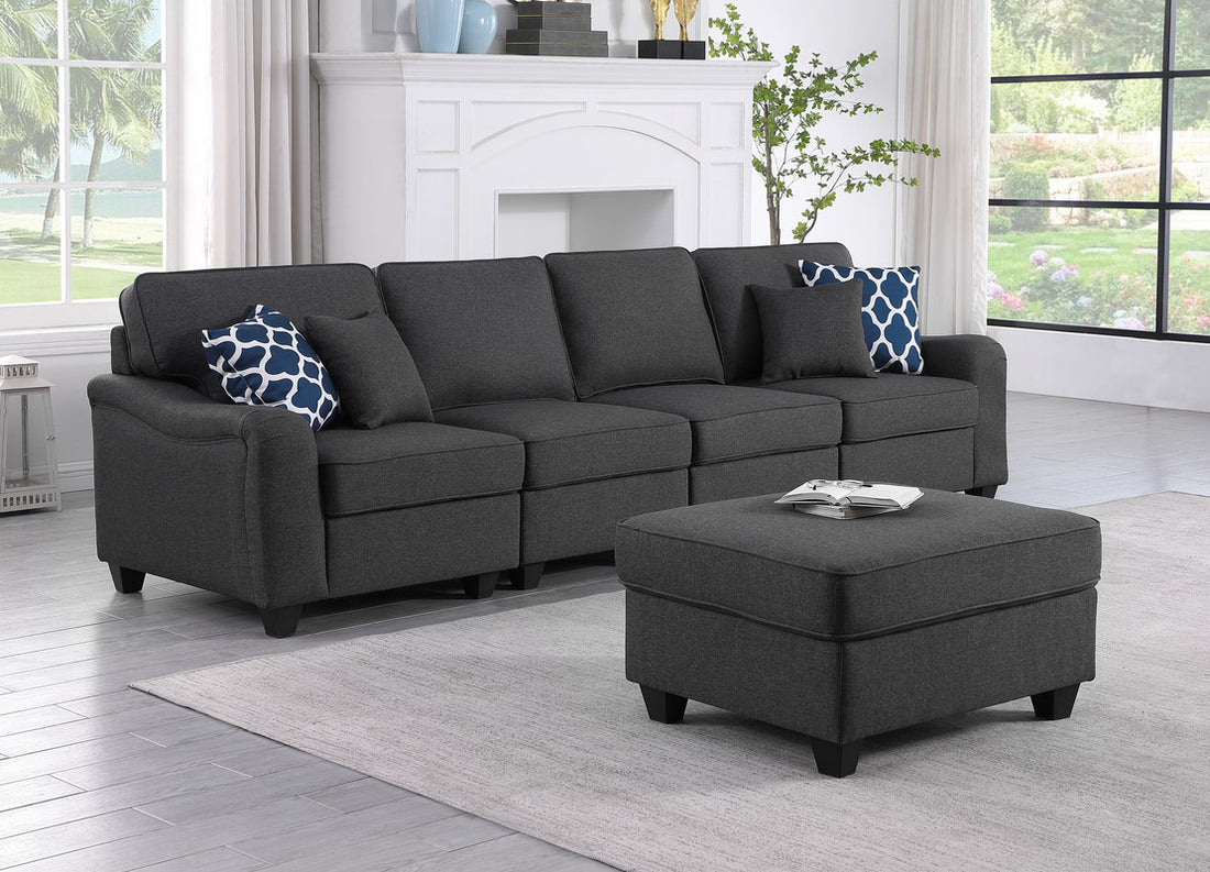 Leo 119" Dark Gray Linen 5 Seater Sofa And Ottoman Dark Gray Linen