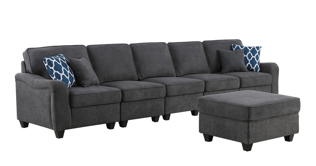 Leo 145" Dark Gray Woven 6 Seater Sofa And Ottoman Dark Gray Fabric