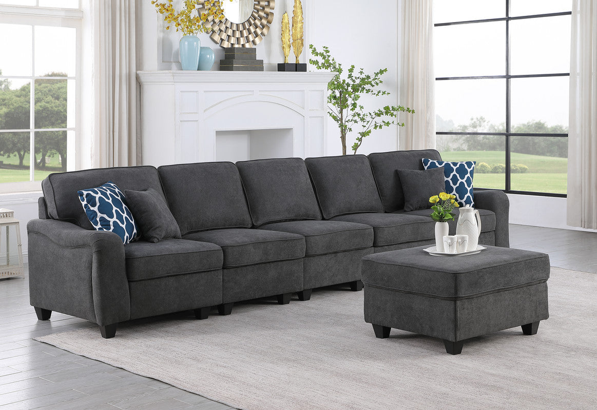 Leo 145" Dark Gray Woven 6 Seater Sofa And Ottoman Dark Gray Fabric