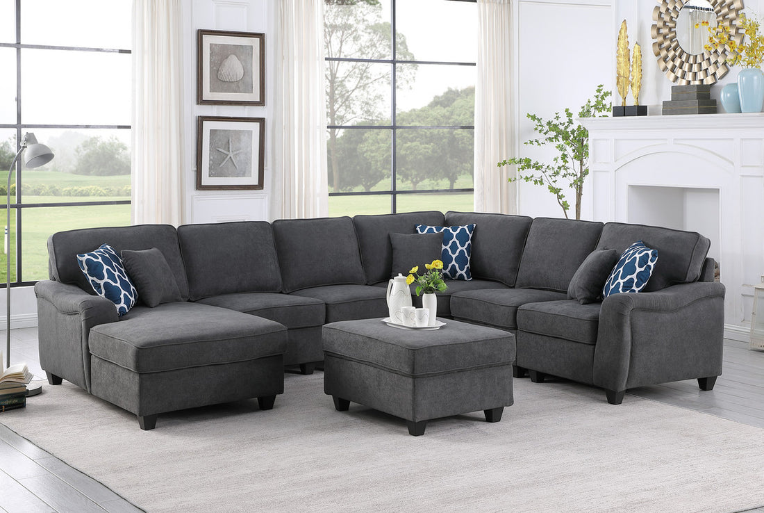 Leo 125" Dark Gray Woven 7Pc Modular L Shape Sectional Sofa Chaise And Ottoman Dark Gray Fabric