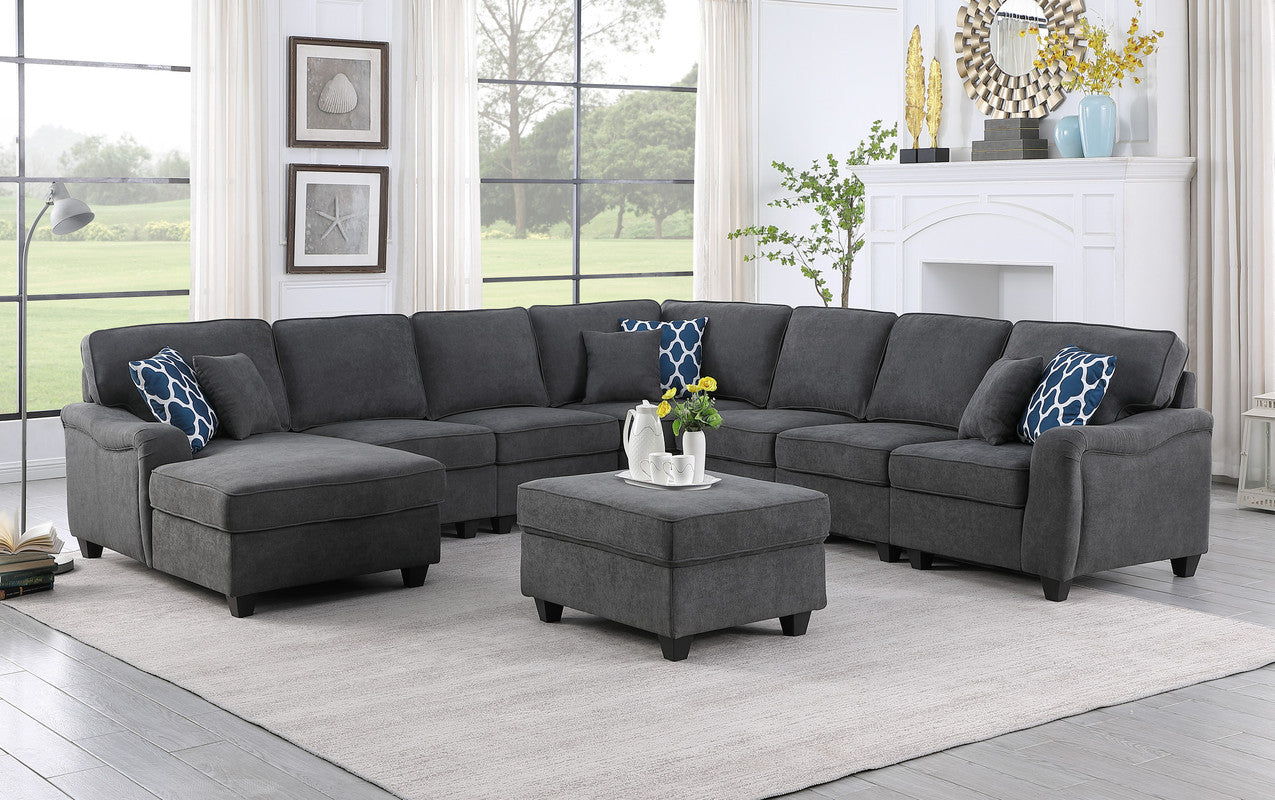 Leo 125" Dark Gray Woven 8Pc Modular L Shape Sectional Sofa Chaise And Ottoman Dark Gray Fabric