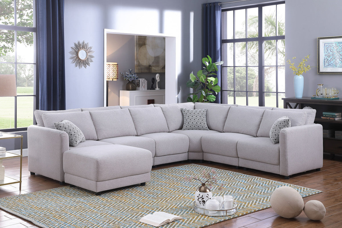 Penelope 120" Light Gray Linen Fabric Reversible 7Pc Modular Sectional Sofa With Ottoman And Pillows Light Gray Linen