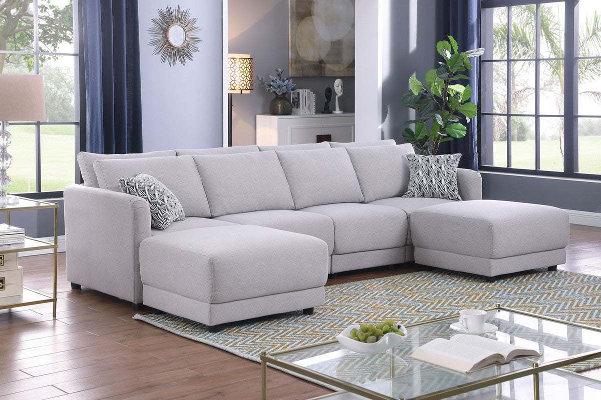 Penelope 111" Light Gray Linen Fabric 4 Seater Sofa With 2 Ottoman And Pillows Light Gray Linen