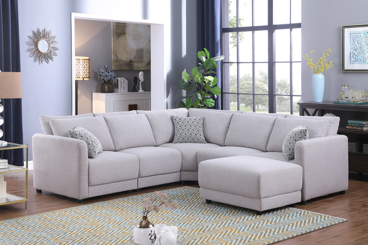 Penelope 94.5" Light Gray Linen Fabric Reversible L Shape Sectional Sofa With Ottoman And Pillows Light Gray Linen