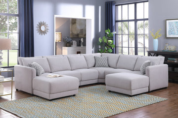 Penelope 120" Light Gray Linen Fabric Reversible 8Pc Modular Sectional Sofa With Ottomans And Pillows Light Gray Linen