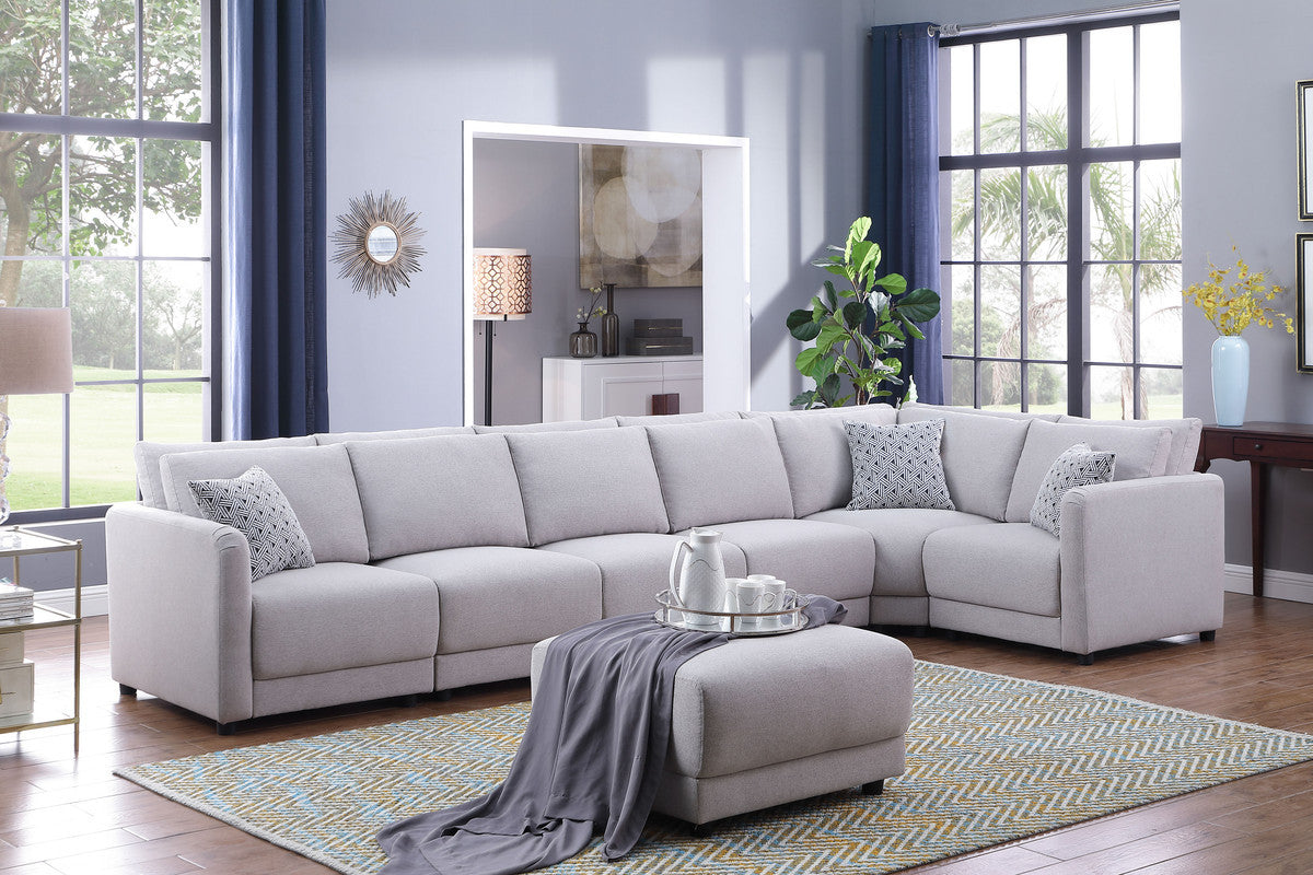 Penelope 145.5" Light Gray Linen Fabric Reversible 7Pc Modular Sectional Sofa With Ottoman And Pillows Light Gray Linen