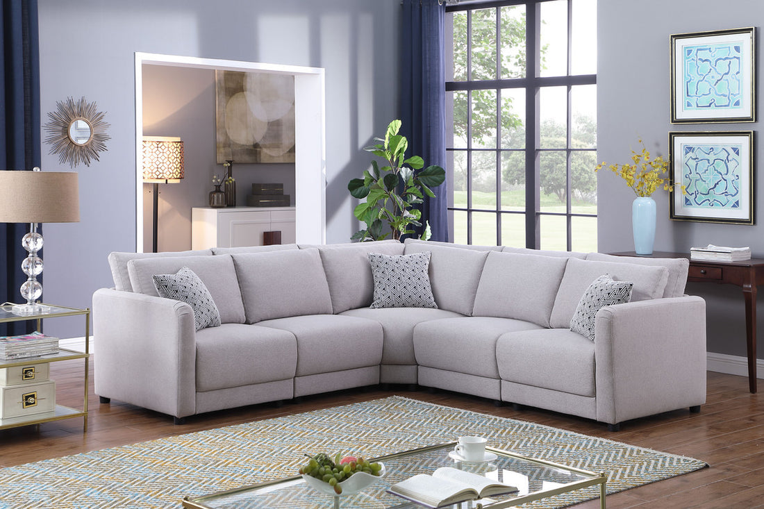 Penelope Light Gray Linen Fabric Reversible L Shape Sectional Sofa With Pillows Light Gray Linen